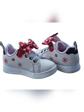 Disney White Sneakers with Red Polka-Dot Bows, Size 7